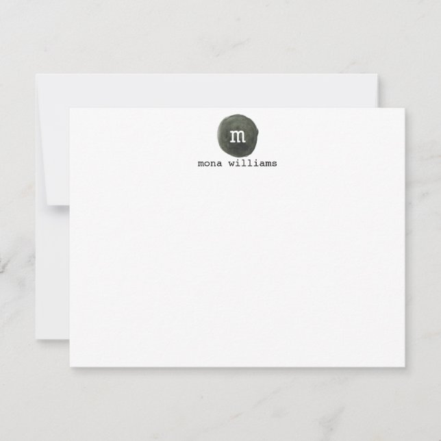 Grey White Watercolor Circle Modern Black Monogram Card (Front)