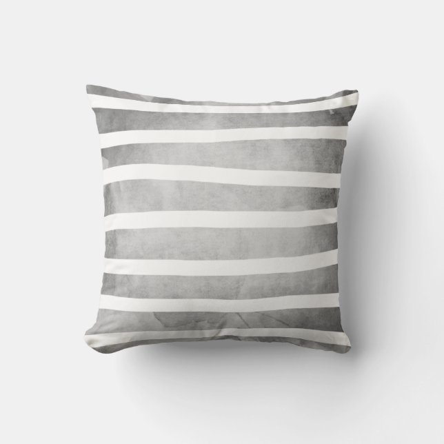 Grey White Watercolor Stripes Pattern Cushion (Front)