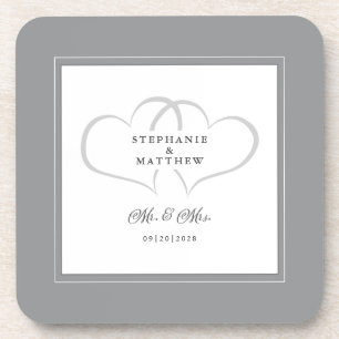 Grey & White Wedding Mr & Mrs Elegant Chic Hearts Coaster