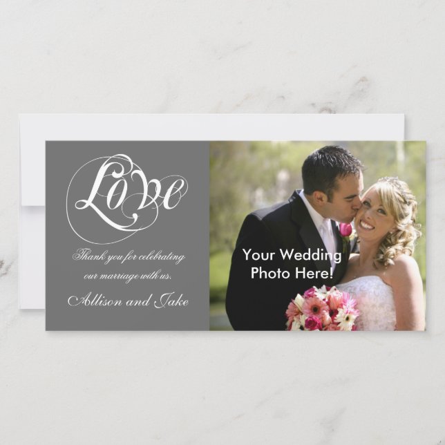 Grey White Wedding Thank You Photo Card Template (Front)