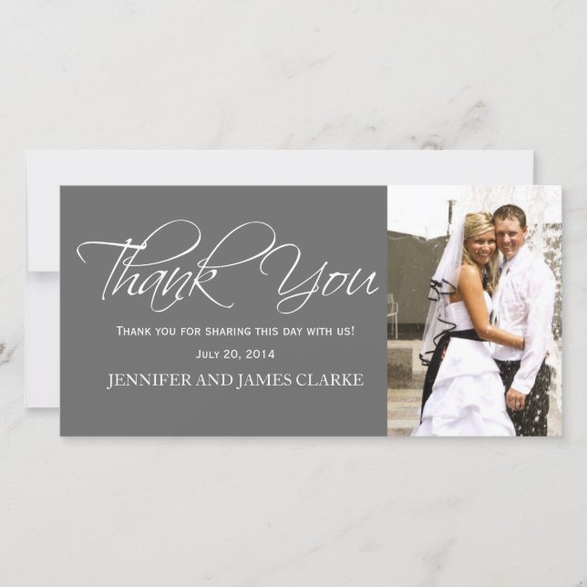 Grey White Wedding Thank You Photo Cards (Front)