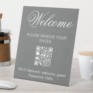 Grey White Welcome Remove Shoes QR Wi-fi Pedestal Sign