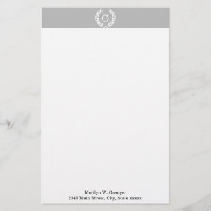 Grey White Wheat Laurel Wreath Initial Monogram Stationery