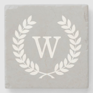 Grey White Wheat Laurel Wreath Initial Monogram Stone Coaster