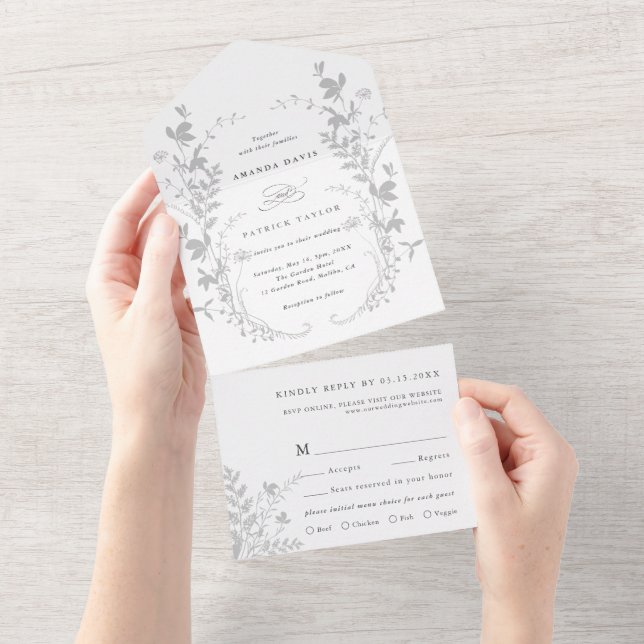 Grey & White Wildflower Silhouette Wreath Wedding  All In One Invitation (Tearaway)