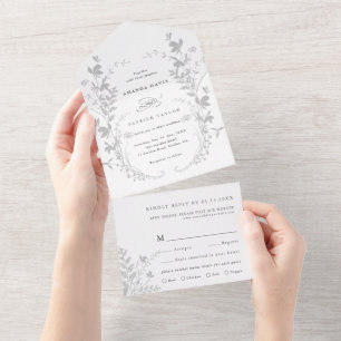 Grey & White Wildflower Silhouette Wreath Wedding  All In One Invitation