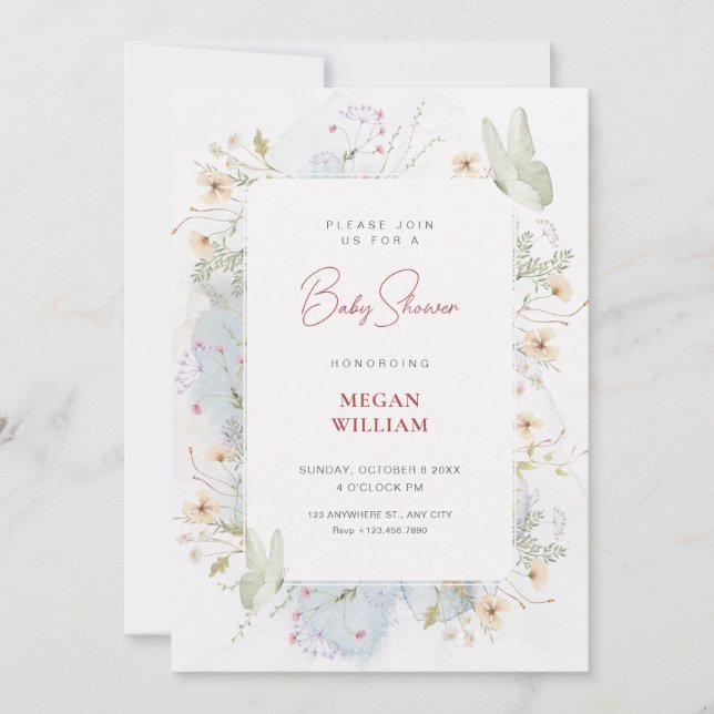 Grey white wildflowers watercolor baby shower invitation (Front)