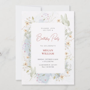 Grey white wildflowers watercolor birthday invitation