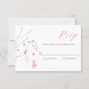 Grey white wildflowers watercolor RSVP card