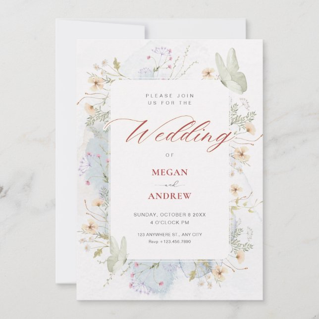 Grey white wildflowers watercolor wedding invitation (Front)