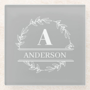 Grey White Wreath Family Name Monogram  Glass Coaster