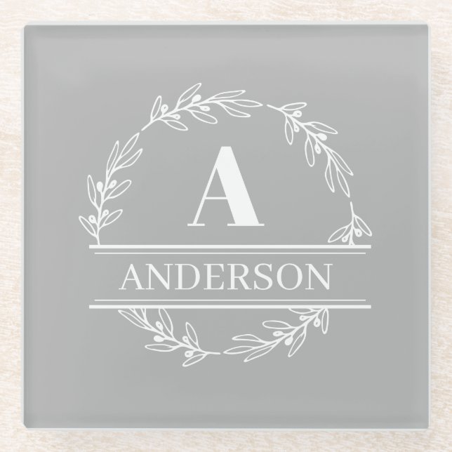 Grey White Wreath Family Name Monogram  Glass Coaster (Front)