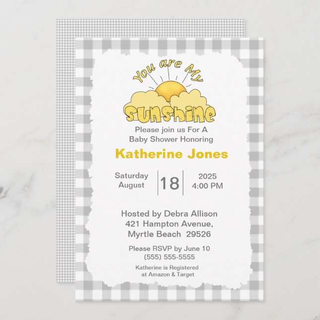 Grey White You Are My Sunshine Baby Shower    Invitation (Front/Back)
