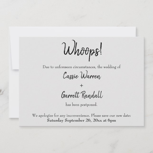 Grey "Whoops!" Postponed Wedding Card (Front)
