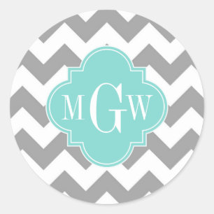 Grey Wht Chevron Aqua Quatrefoil 3 Monogram Classic Round Sticker