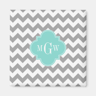 Grey Wht Chevron Aqua Quatrefoil 3 Monogram Magnet