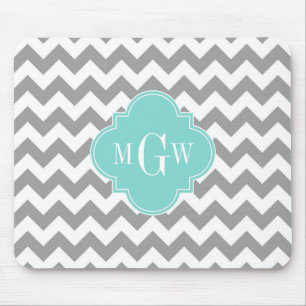 Grey Wht Chevron Aqua Quatrefoil 3 Monogram Mouse Mat