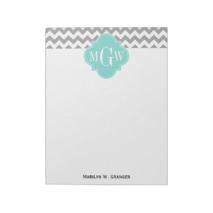 Grey Wht Chevron Aqua Quatrefoil 3 Monogram Notepad