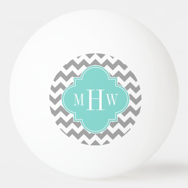 Grey Wht Chevron Aqua Quatrefoil 3 Monogram Ping Pong Ball (Front)