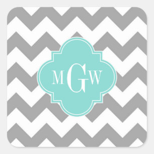 Grey Wht Chevron Aqua Quatrefoil 3 Monogram Square Sticker