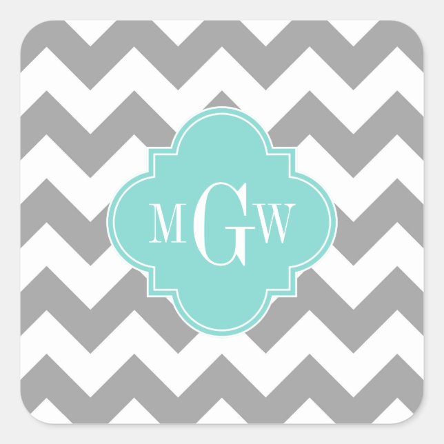 Grey Wht Chevron Aqua Quatrefoil 3 Monogram Square Sticker (Front)