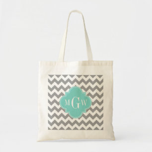 Grey Wht Chevron Aqua Quatrefoil 3 Monogram Tote Bag