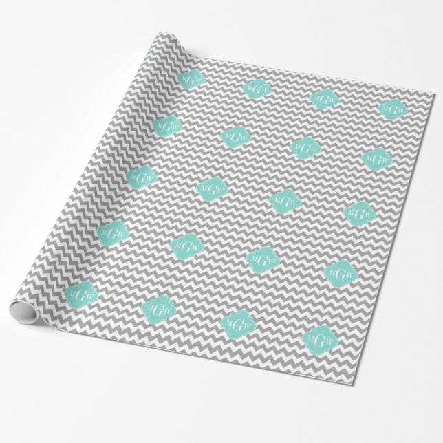 Grey Wht Chevron Aqua Quatrefoil 3 Monogram Wrapping Paper (Unrolled)