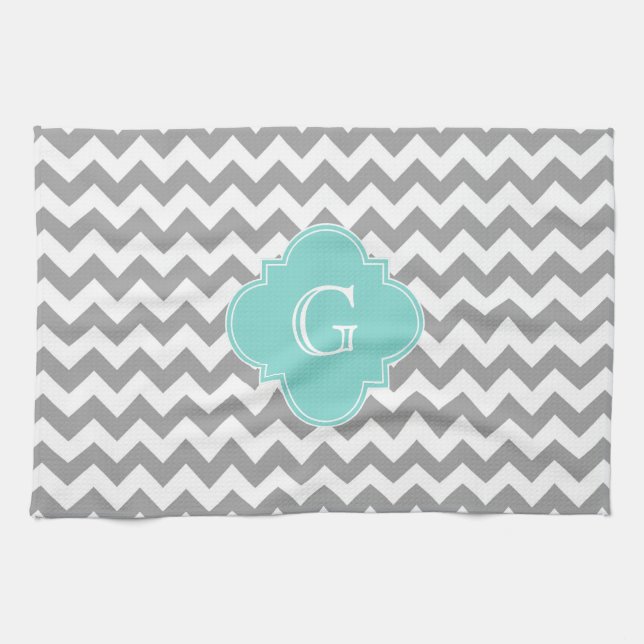 Grey Wht Chevron Aqua Quatrefoil Monogram Tea Towel (Horizontal)