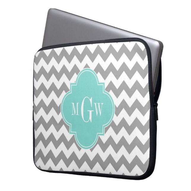 Grey Wht Chevron Aqua Turq Quatrefoil 3 Monogram Laptop Sleeve (Front Left)