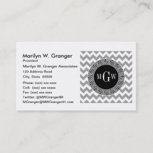 Grey Wht Chevron Black Greek Key 3 Monogram Business Card
