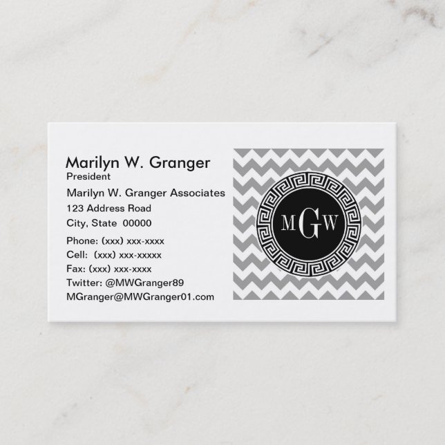 Grey Wht Chevron Black Greek Key 3 Monogram Business Card (Front)