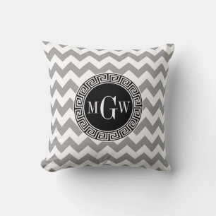 Grey Wht Chevron Black Greek Key 3 Monogram Cushion