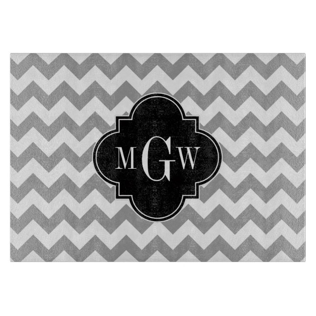 Grey Wht Chevron Black Quatrefoil 3 Monogram Cutting Board (Front)
