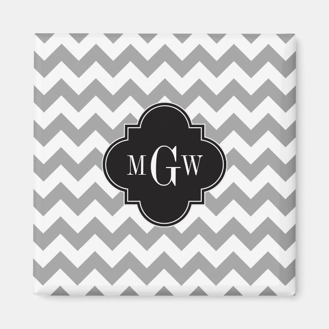 Grey Wht Chevron Black Quatrefoil 3 Monogram Magnet (Front)