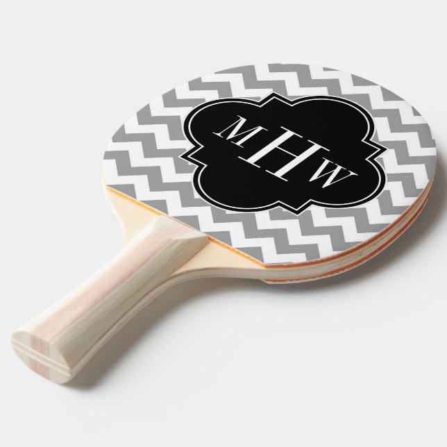 Grey Wht Chevron Black Quatrefoil 3 Monogram Ping Pong Paddle (Front Angle)