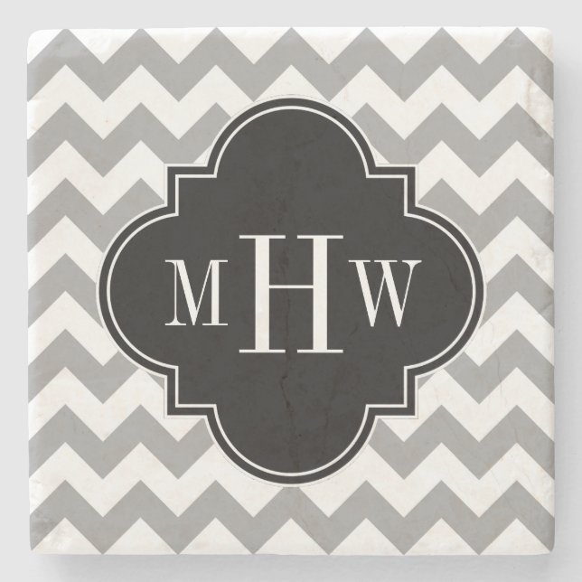 Grey Wht Chevron Black Quatrefoil 3 Monogram Stone Coaster (Front)