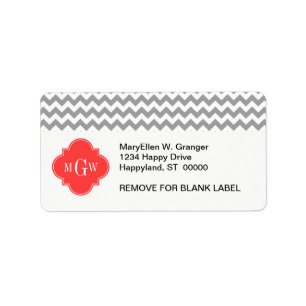 Grey Wht Chevron Coral Red Quatrefoil 3 Monogram Label