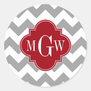 Grey Wht Chevron Cranberry Quatrefoil 3 Monogram Classic Round Sticker