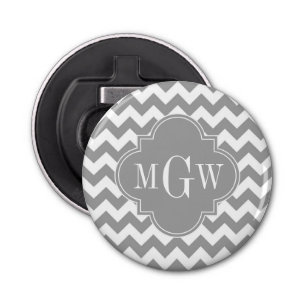 Grey Wht Chevron Dk Grey Quatrefoil 3 Monogram Bottle Opener