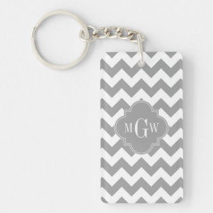Grey Wht Chevron Dk Grey Quatrefoil 3 Monogram Key Ring