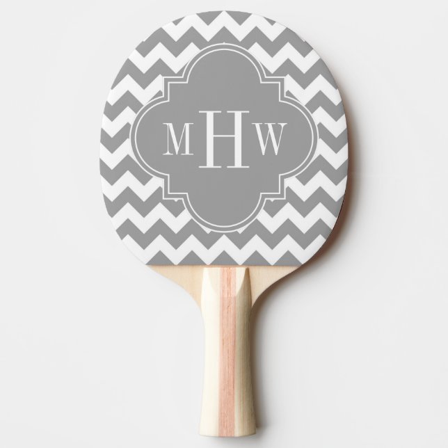 Grey Wht Chevron Dk Grey Quatrefoil 3 Monogram Ping Pong Paddle (Front)
