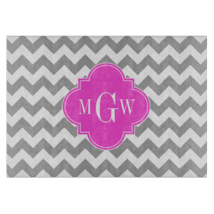 Grey Wht Chevron Hot Pink Quatrefoil 3 Monogram Cutting Board