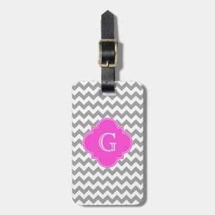 Grey Wht Chevron Hot Pink Quatrefoil Monogram Luggage Tag