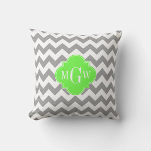 Grey Wht Chevron Lime Quatrefoil 3 Monogram Cushion
