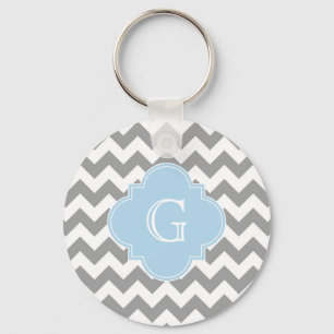 Grey Wht Chevron Lt Blue Quatrefoil Monogram Key Ring