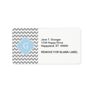 Grey Wht Chevron Lt Blue Quatrefoil Monogram Label