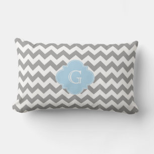 Grey Wht Chevron Lt Blue Quatrefoil Monogram Lumbar Cushion