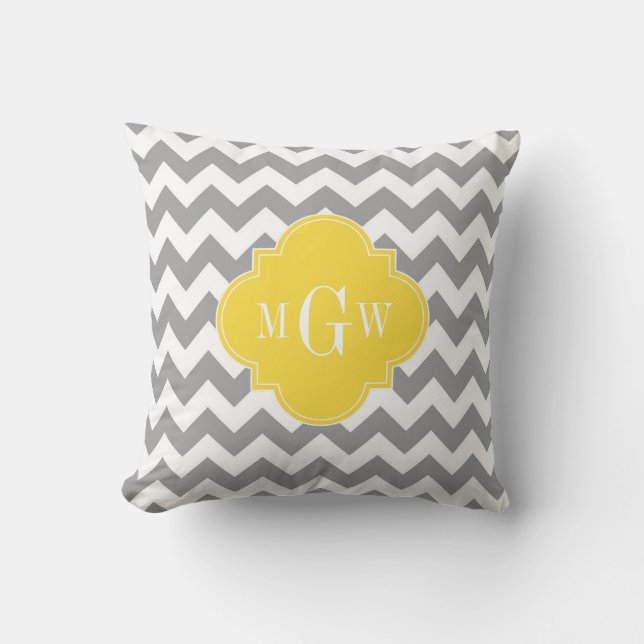 Grey Wht Chevron Pineapple Quatrefoil 3 Monogram Cushion (Front)