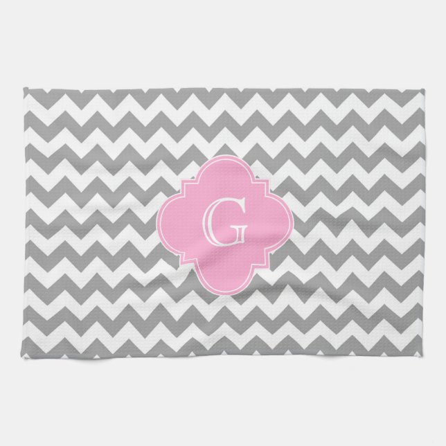 Grey Wht Chevron Pink Quatrefoil Monogram Tea Towel (Horizontal)