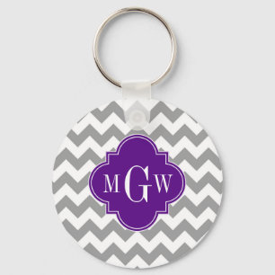 Grey Wht Chevron Purple Quatrefoil 3 Monogram Key Ring